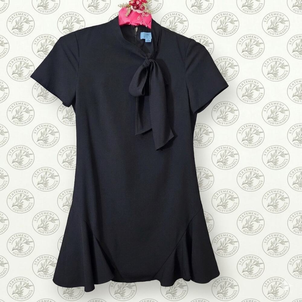 CeCe Black Short Sleeve Mock Neck Tie Front Ruffle Little Black Dress Size 8